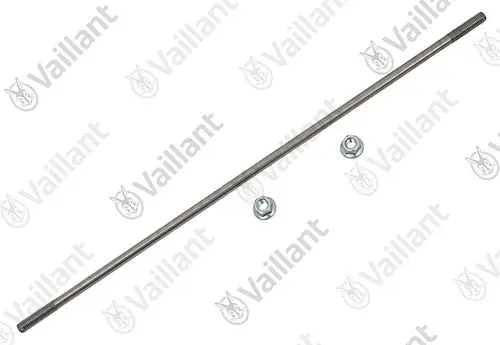 Vaillant Ankerstange aus Metall mit Gewinde, daneben zwei passende Schrauben. Das Produkt ist für Montageanwendungen konzipiert.
